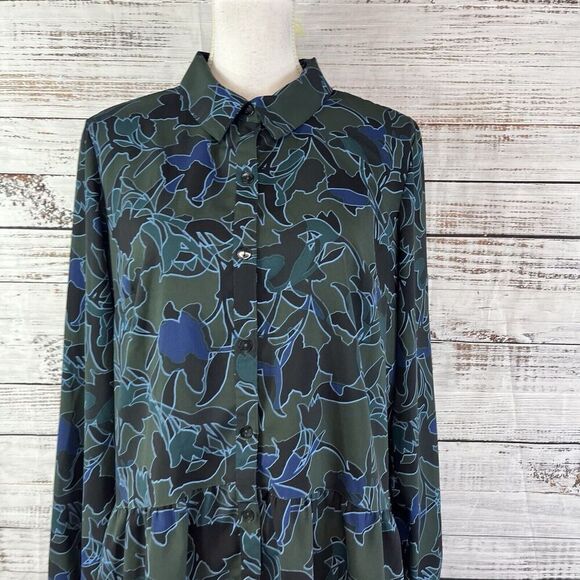 LOGO Lori Goldstein Blouse Tunic size Medium Olive Green Blue Floral Ruffle Slim - Picture 2 of 12